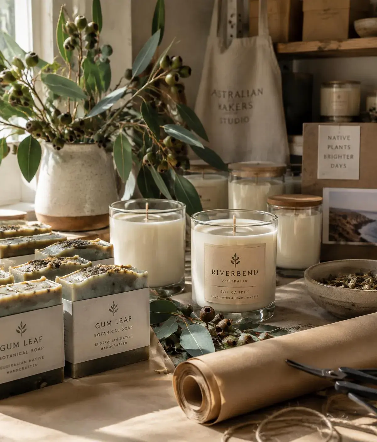 An Australian maker's bench with hand poured candles and botanical soaps