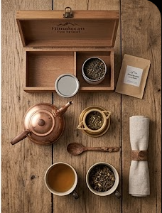Himalayan Tea Ritual Box with loose-leaf tea, brass infuser, and hand-thrown ceramic cups for Nepalese gifting in Australia gallery image 4