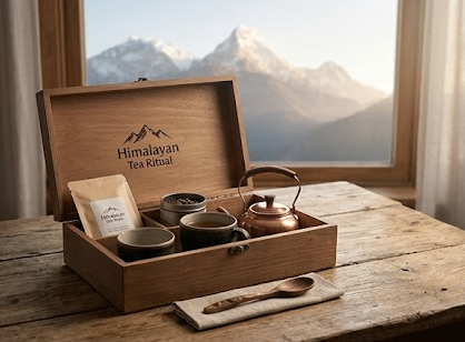 Himalayan Tea Ritual Box with loose-leaf tea, brass infuser, and hand-thrown ceramic cups for Nepalese gifting in Australia gallery image 1