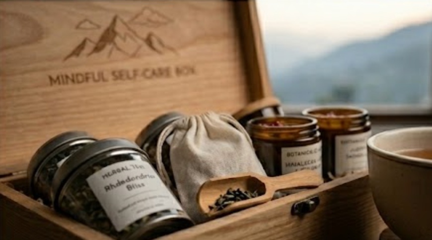 Mindful Self-care Box with herbal tea, botanical candle, and Himalayan-inspired ritual cards for wellness gifting gallery image 2