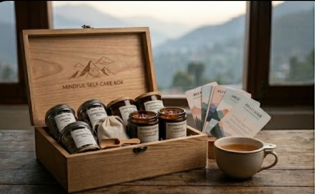 Mindful Self-care Box with herbal tea, botanical candle, and Himalayan-inspired ritual cards for wellness gifting main product image