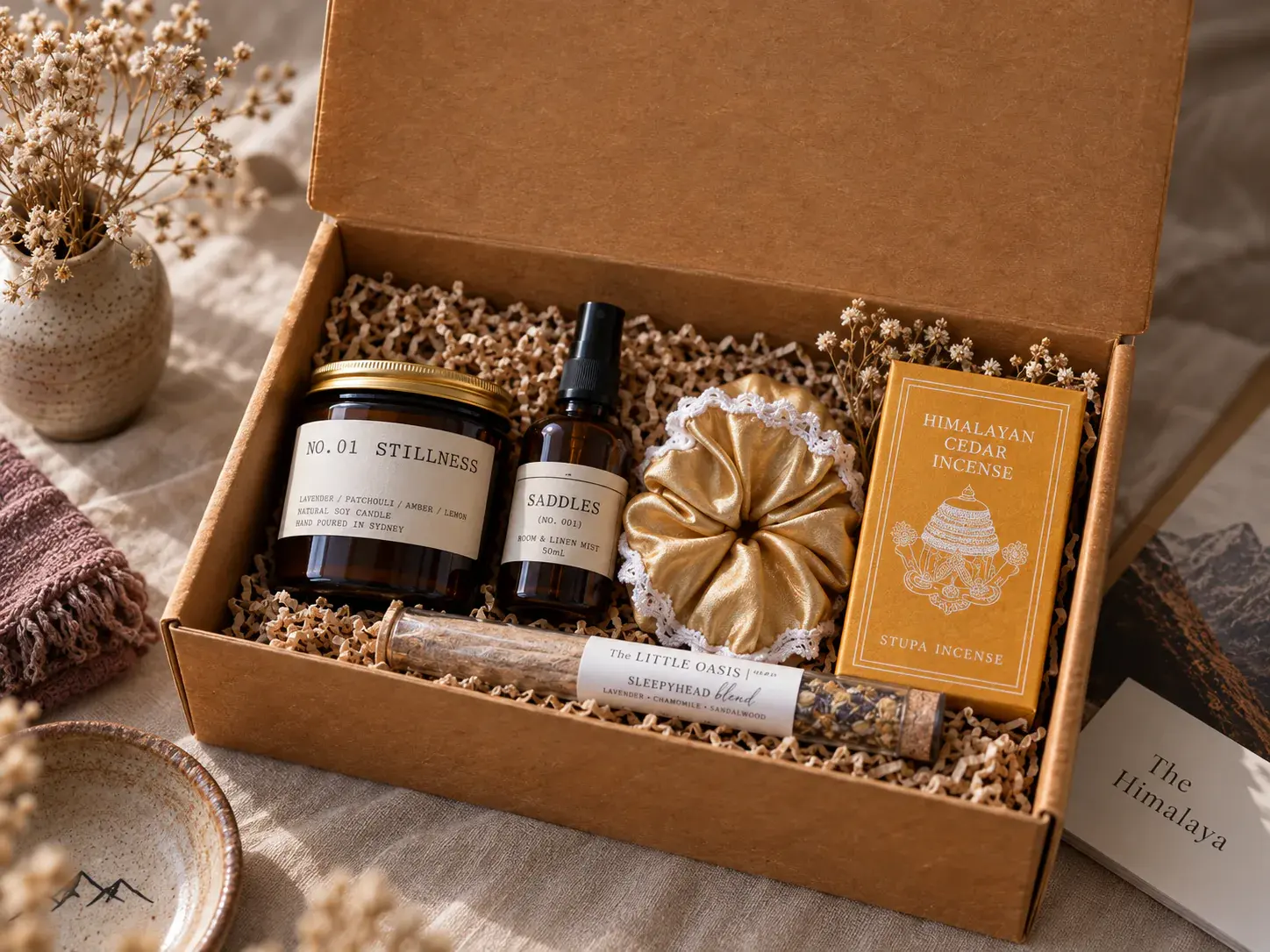 An open artisan gift box with handwoven textile, lokta paper soap, stoneware cup, honey and a beeswax candle