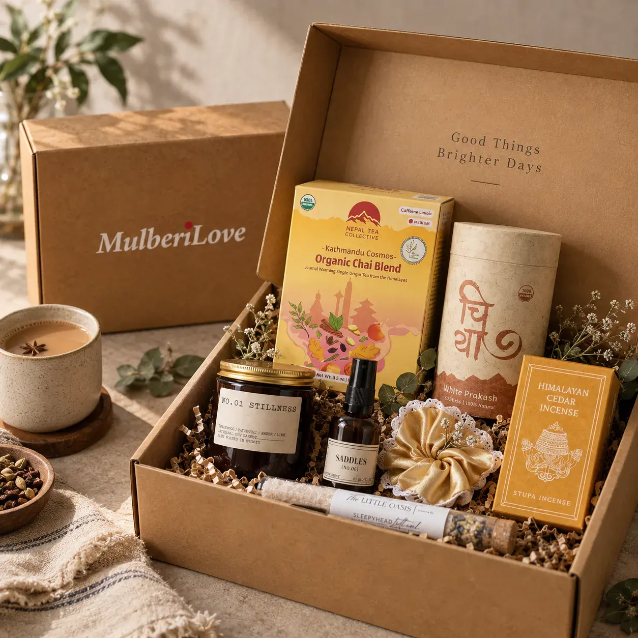 Corporate gift boxes tied with linen ribbon