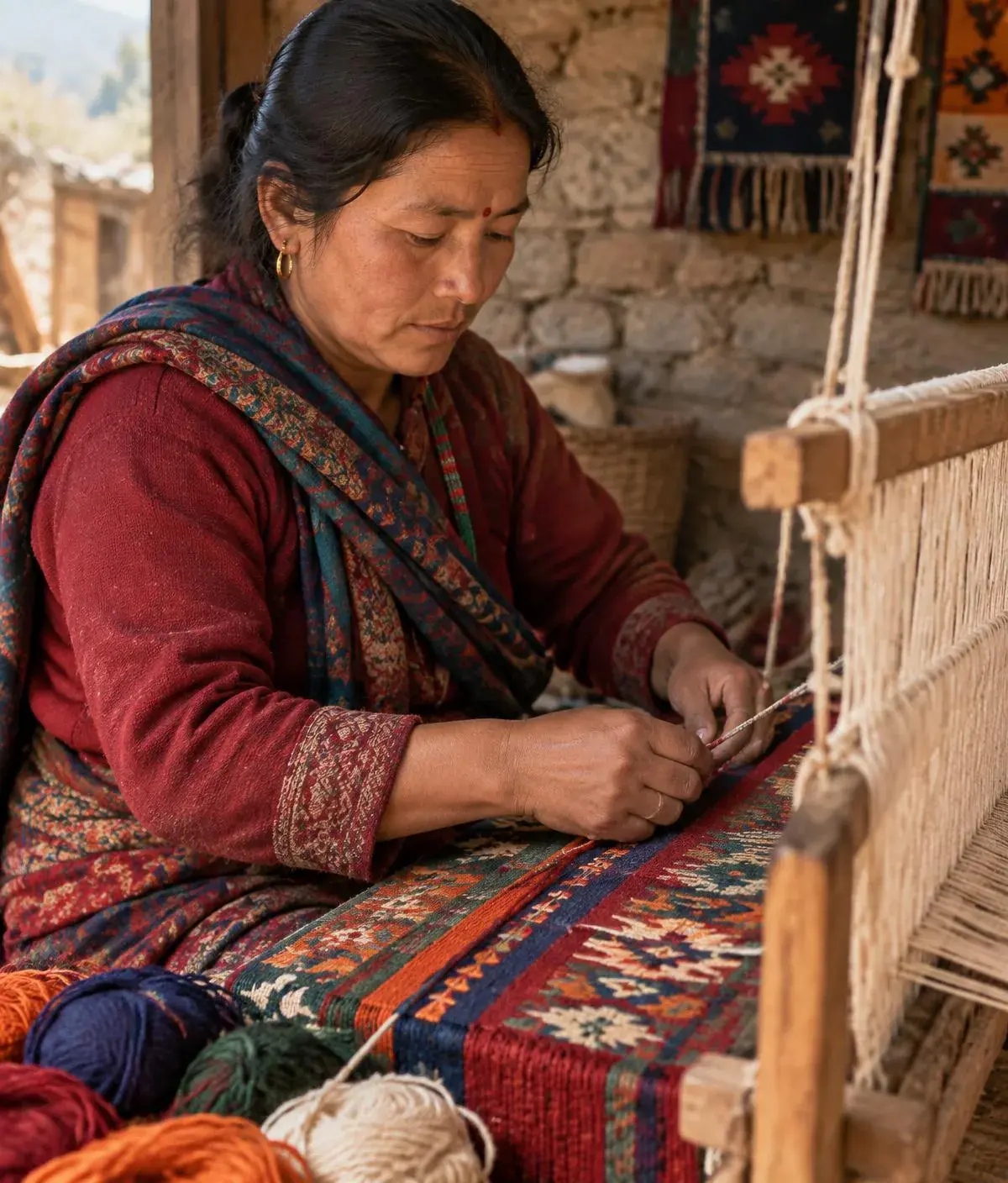 A Nepali artisan weaving wool on a traditional loom
